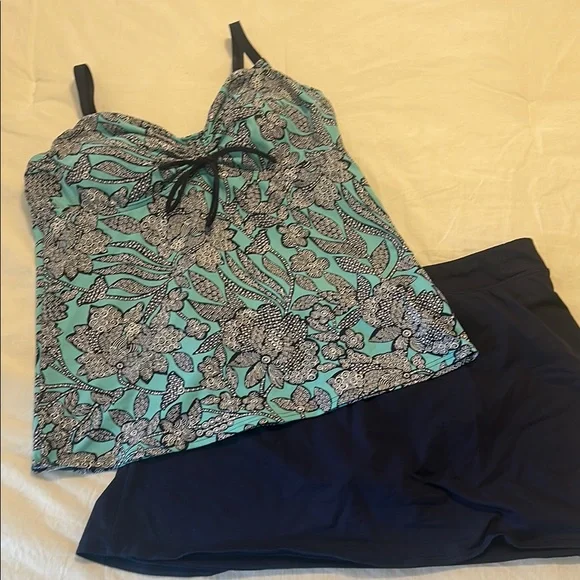 Lands' End Blue Swim Set top size 14 long mastectomy swim skirt swim bottom 14 - Picture 1 of 8